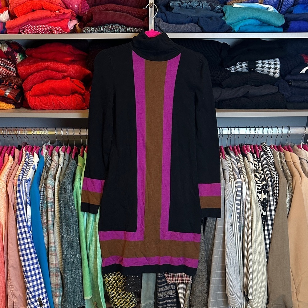 I-N-C navy/fushia/brown striped long sleeve turtleneck sweater dress size M